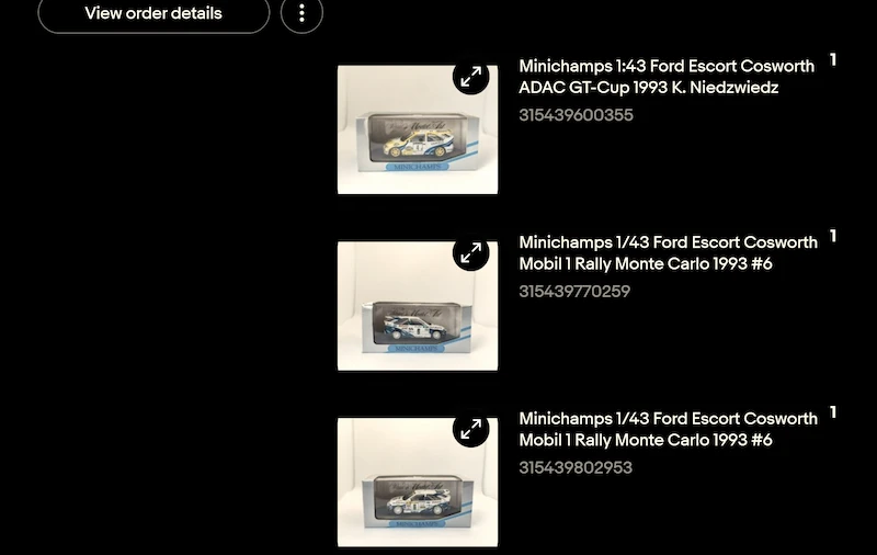 Combined Model Ford order showing multiple items purchased together — demonstrating the success of the combined postage strategy